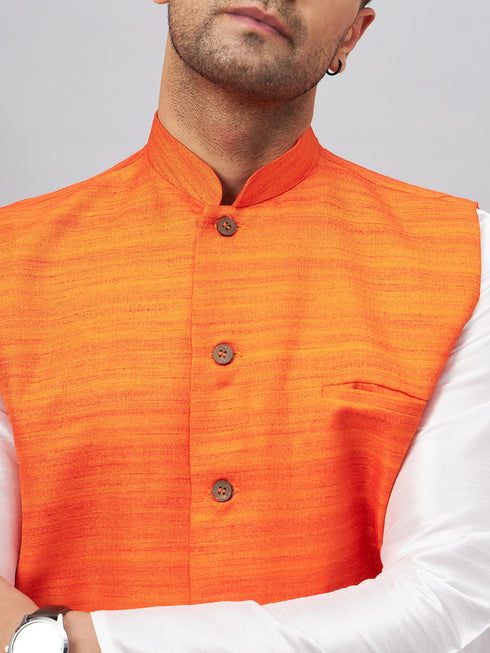Vastramay Men's Orange Matka Silk Nehru Jacket With White Silk Blend Kurta Pyjama Set